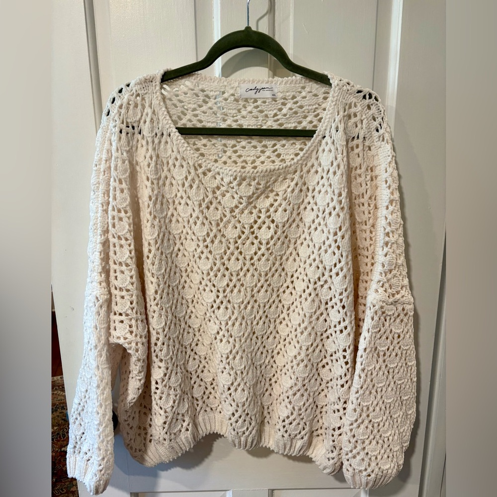 Carly Jean Los Angeles Cream Crochet Scoop Neck Sweater